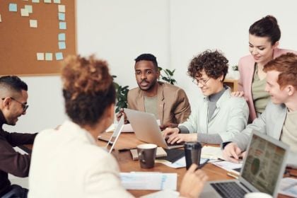 Small business team planning content marketing strategy
