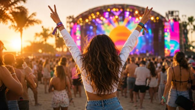 Festival-goers wearing coloured event wristbands
