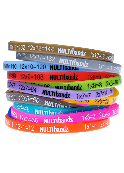 The full set of Multibandz times table wristbands from the 2 times table to the 12 times table
