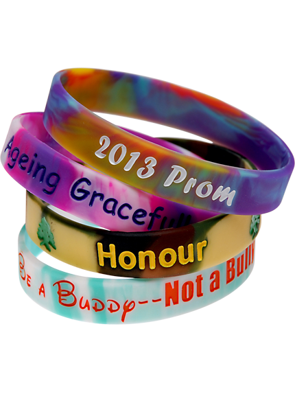 Swirl and marbled silicone school spirit wristbands in house colours