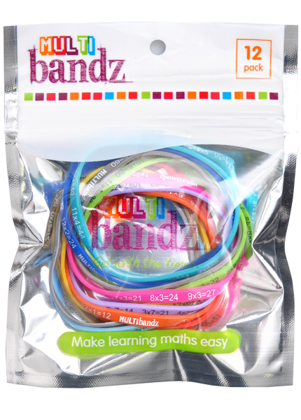 Child wearing a Multibandz times table wristband showing the multiplication facts for one table