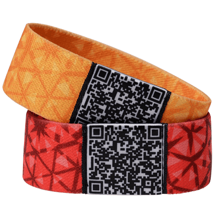 Orange and red elastic fabric wristbands with woven QR code panels