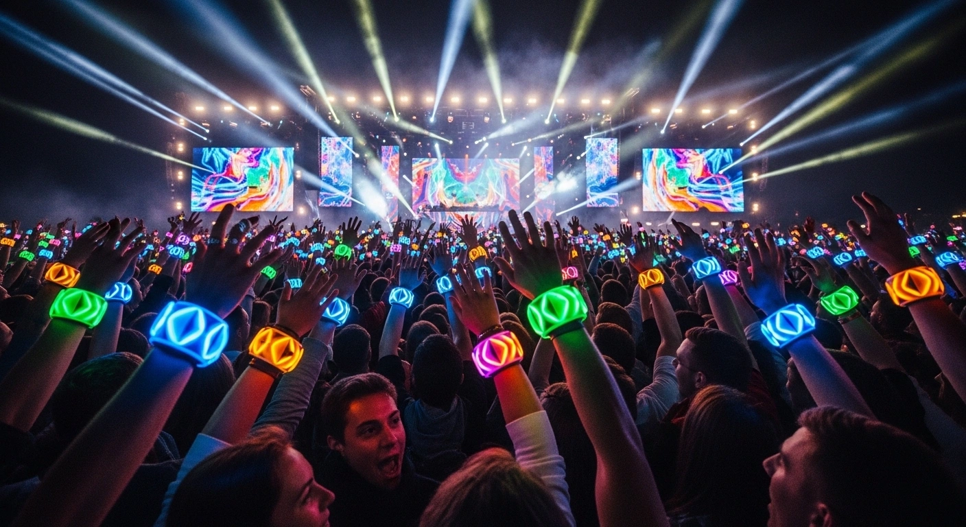 Crowd at night wearing glowing LED silicone wristbands at a Halloween party