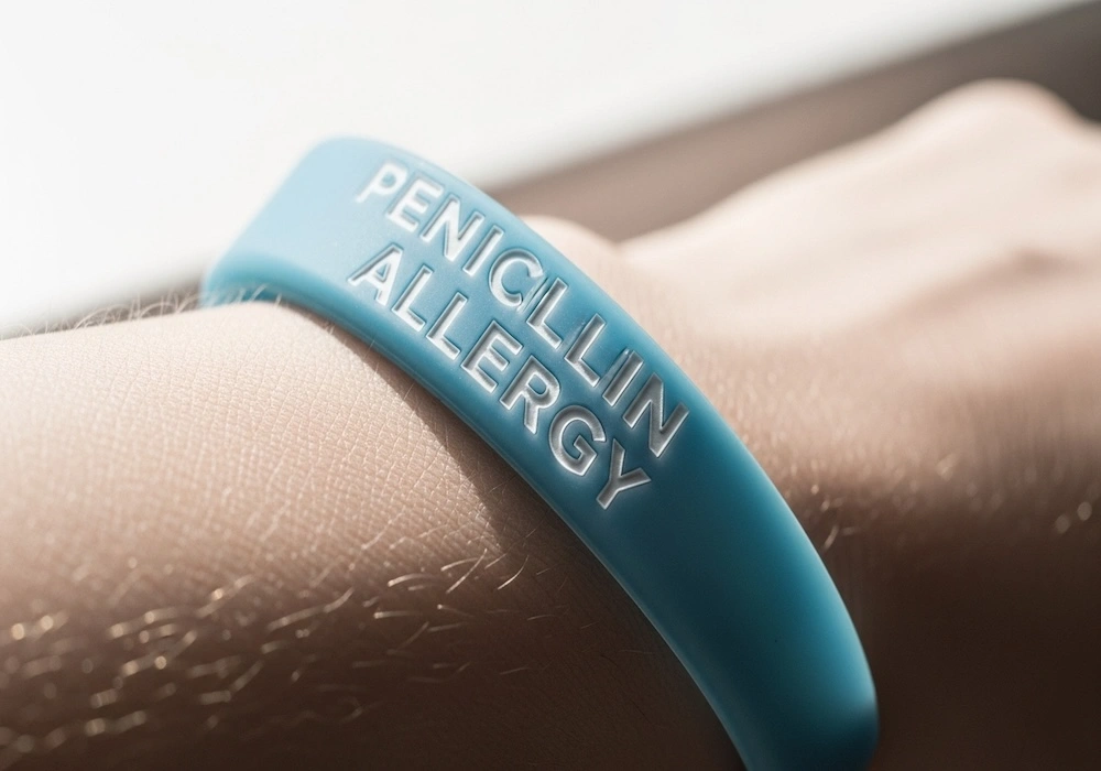 Silicone medical alert bracelet showing allergy information on a child wrist