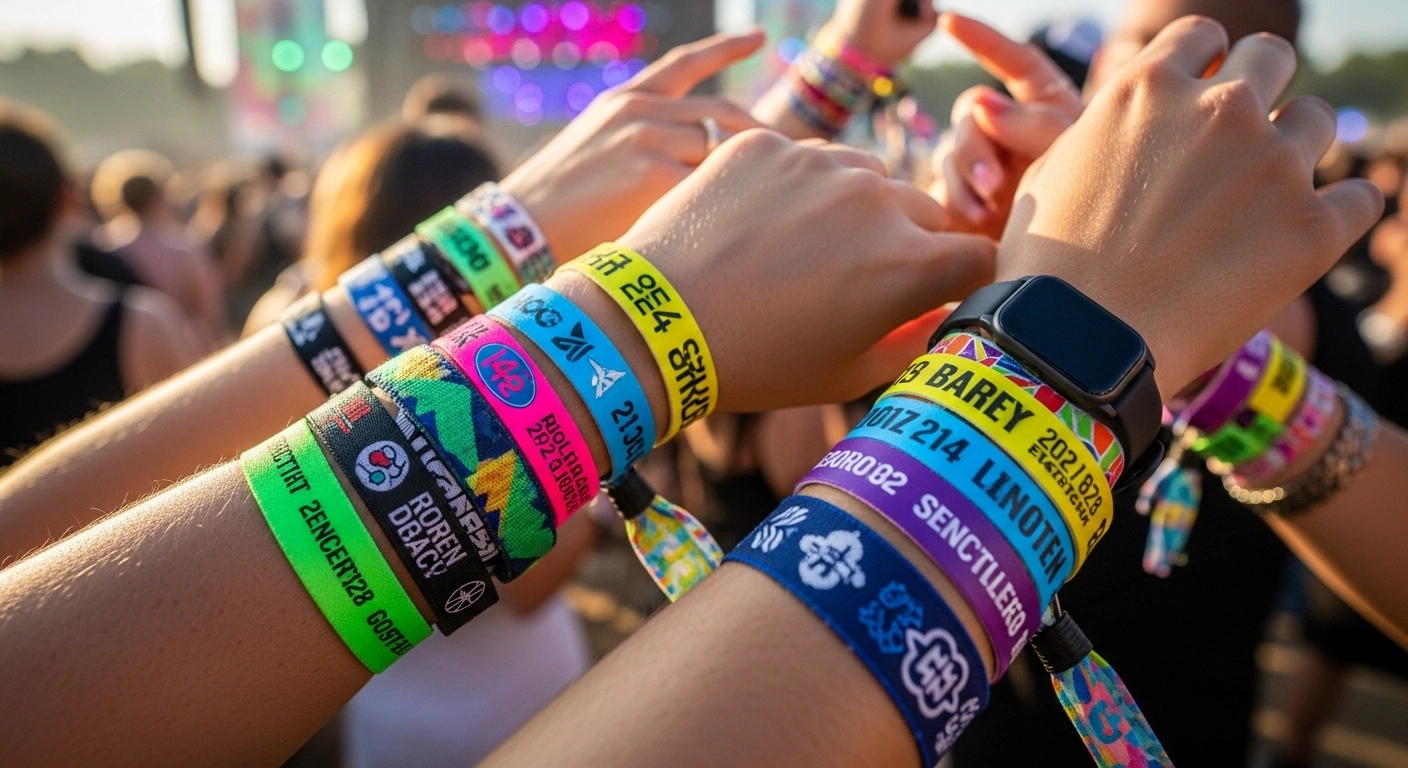 colorful event wristbands on hands at festival crowd