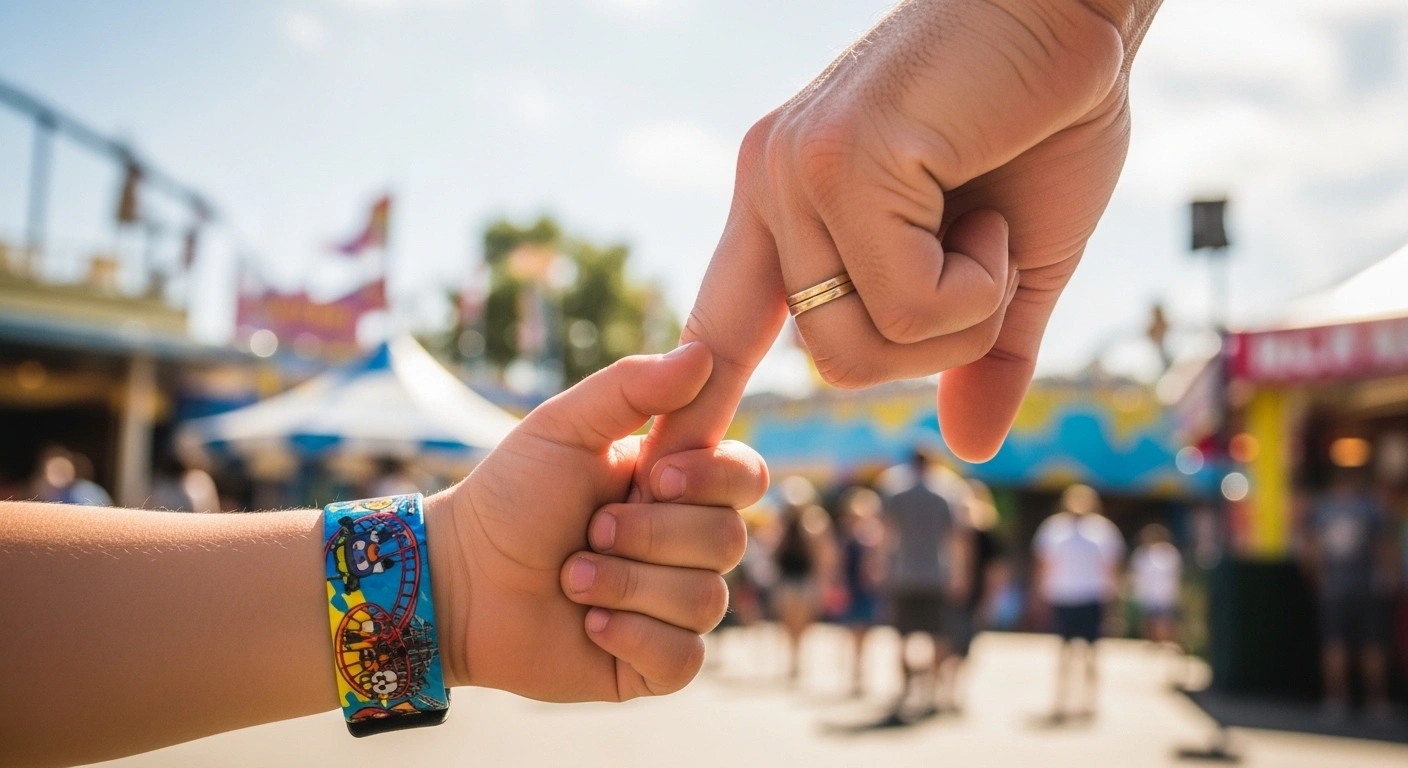 child wearing theme park wristband with parent in amusement park