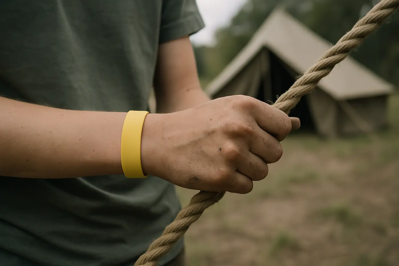 A teenager wearing a plain coloured silicone wristband while gripping a length of rope at a bush camp