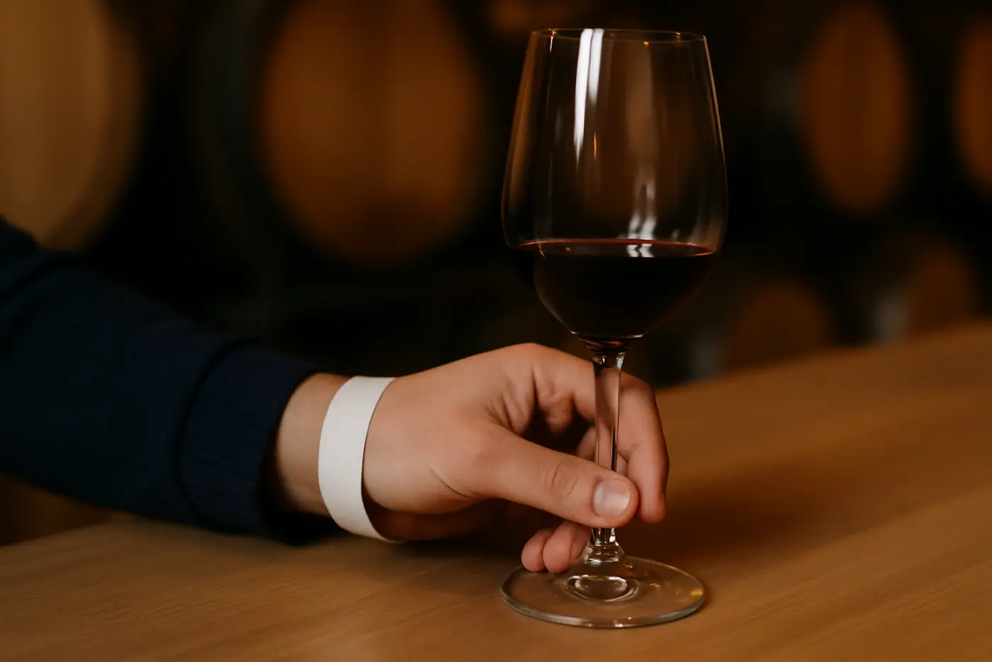 A plain paper wristband on a wrist holding a wine glass by the stem at a tasting bench
