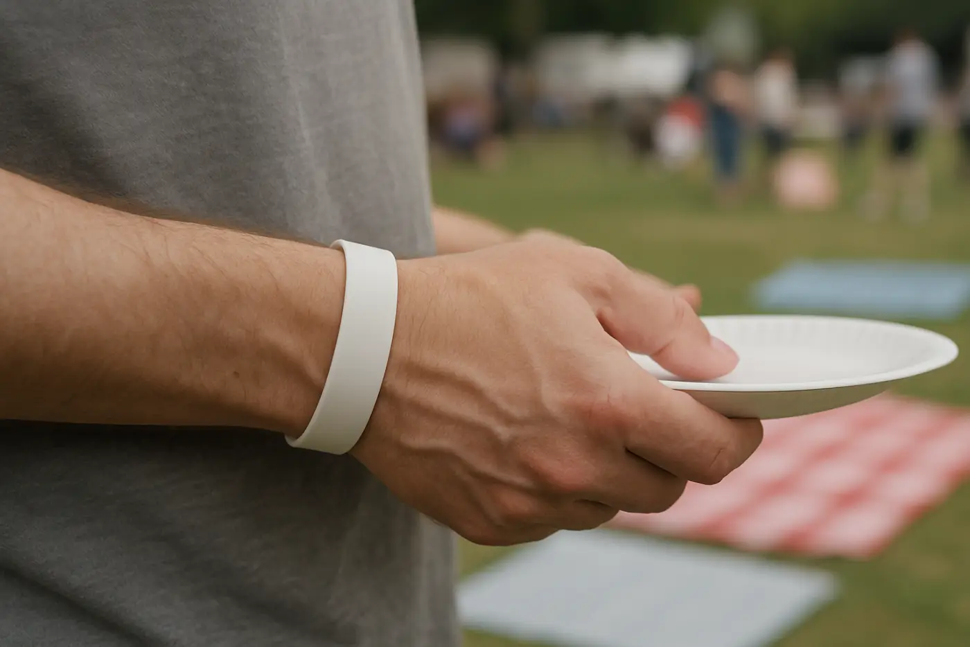 An adult wearing a plain printed silicone wristband while holding a plate at an outdoor family event