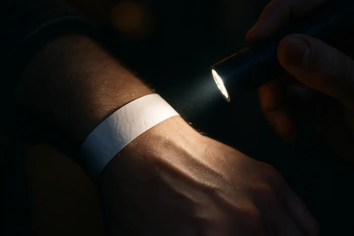 A paper wristband on a wrist being checked under a torch beam at a venue door at night