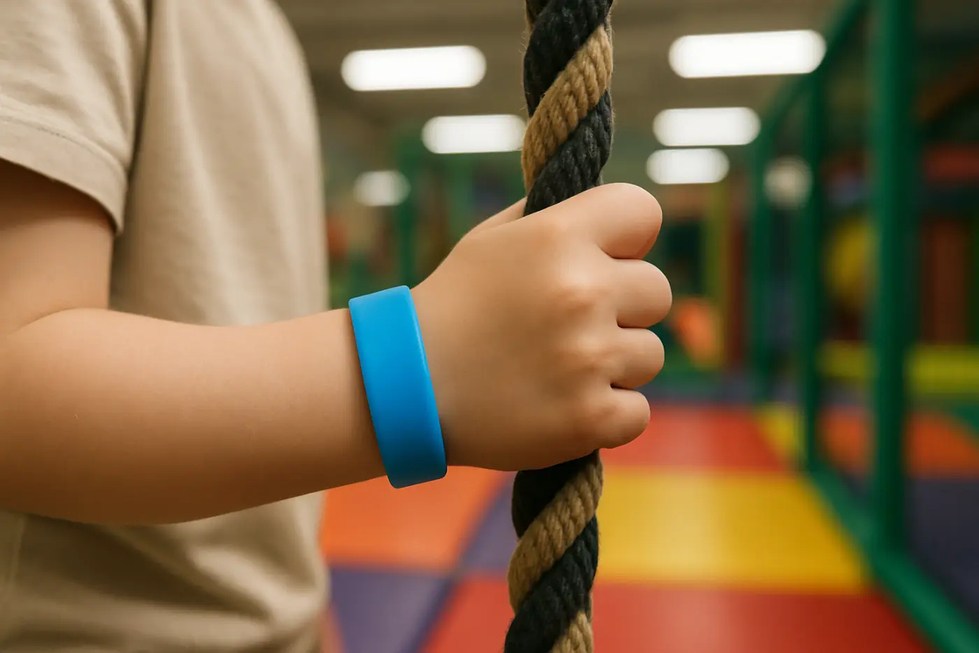 A child wearing a plain coloured silicone wristband while gripping a soft-play climbing rope