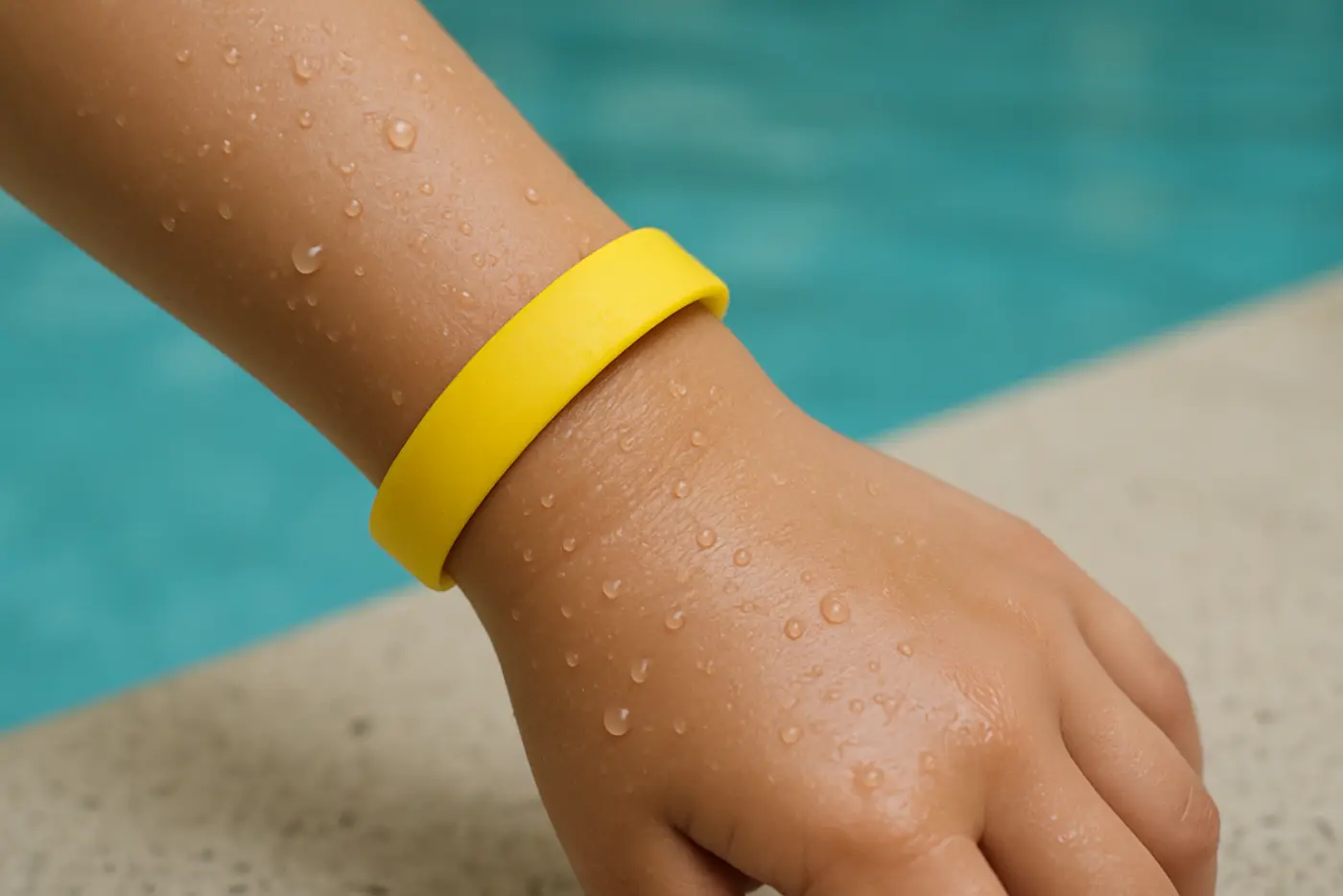A wet child's wrist wearing a plain bright silicone wristband beside a pool edge