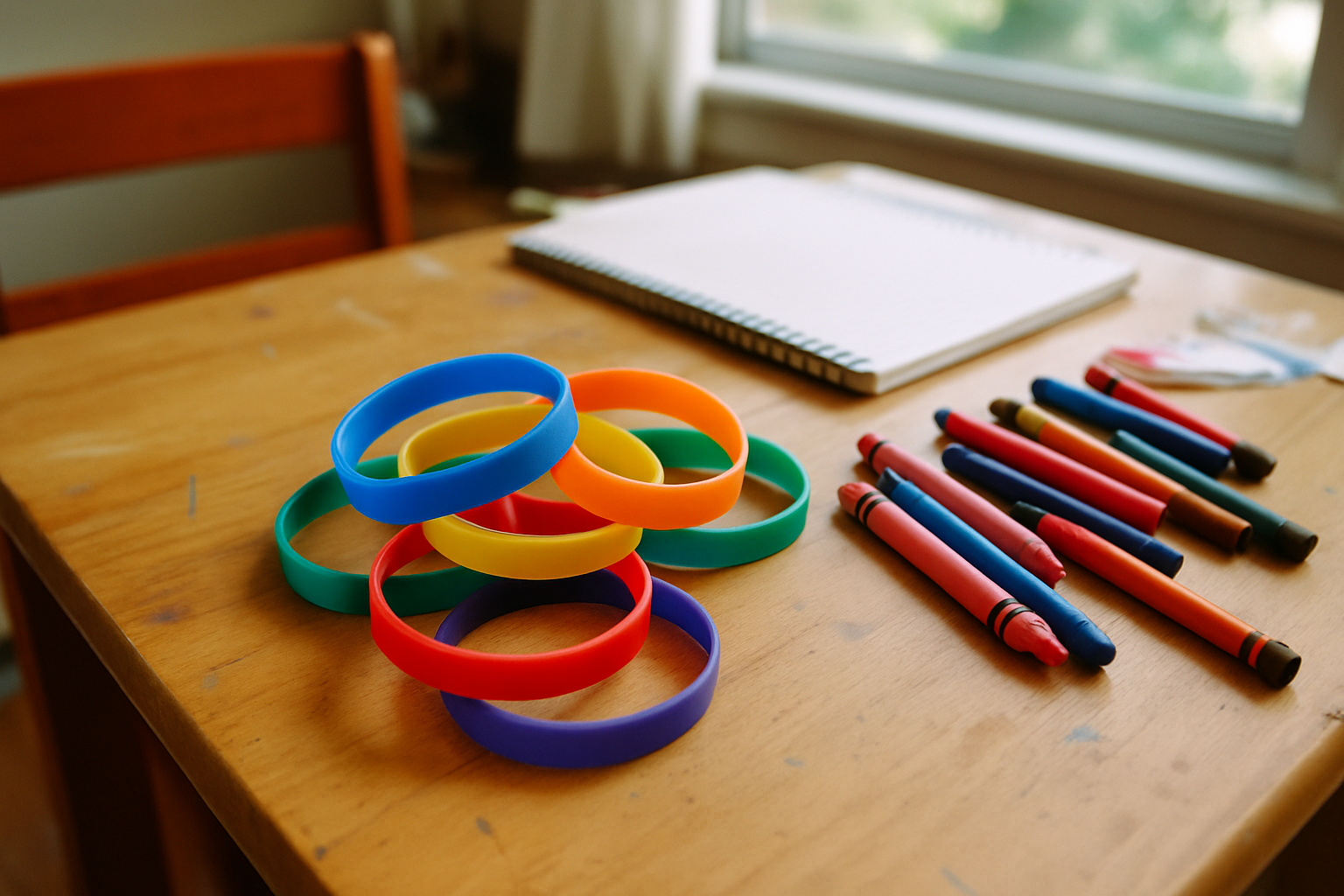 A small pile of colourful silicone wristbands on a kids desk next to crayons and a notebook