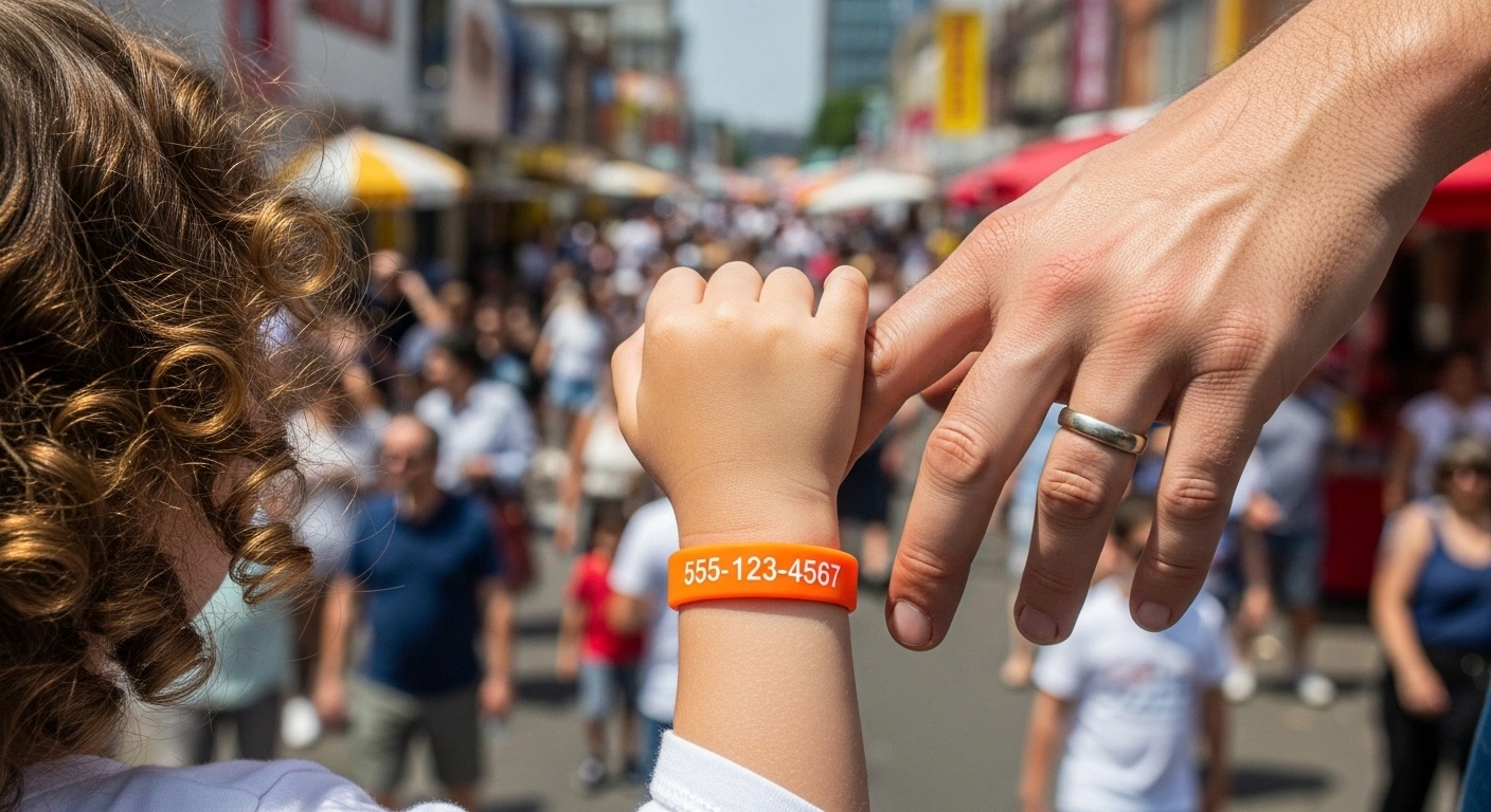 child wearing identification bracelet with contact details in public place