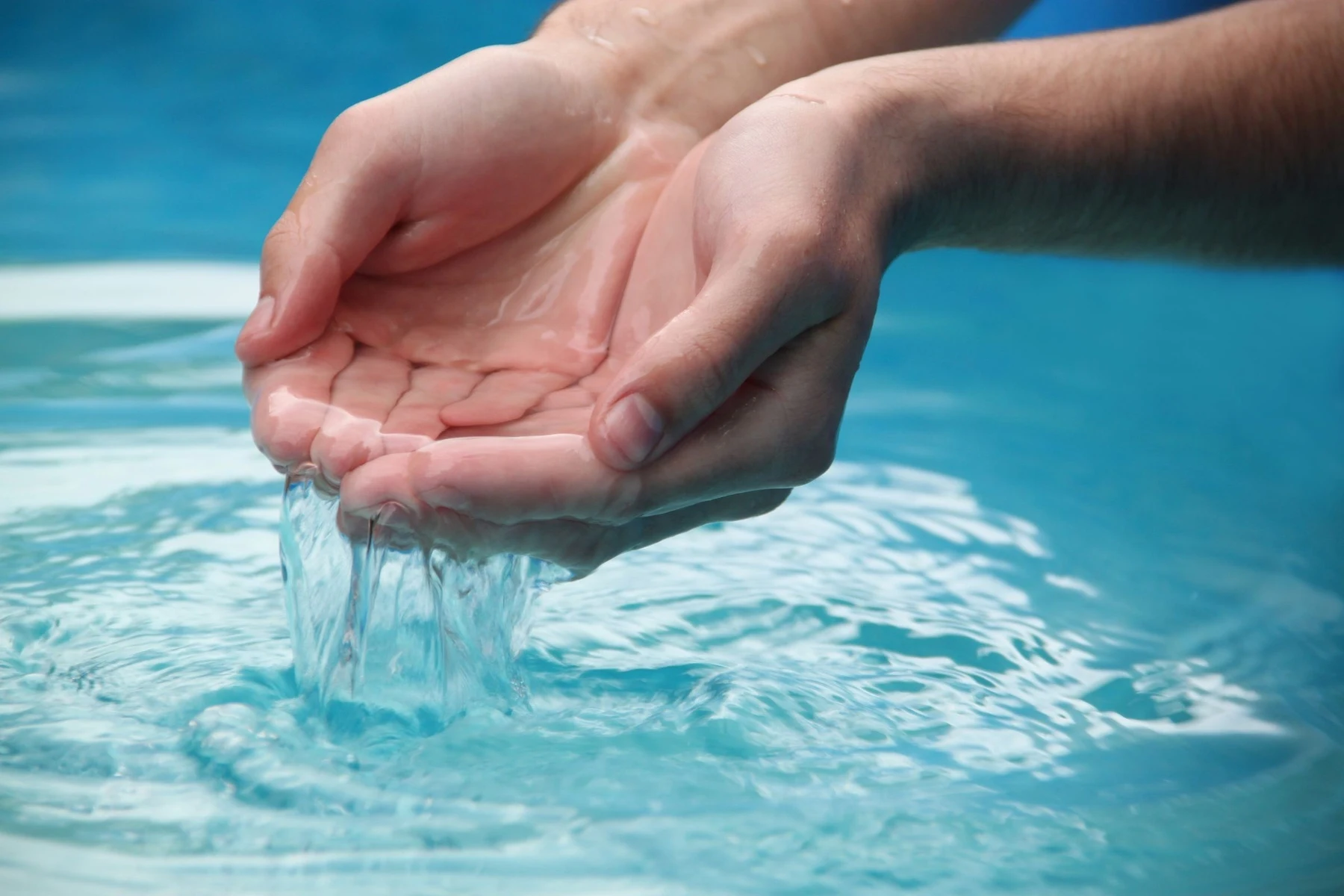 Two hands cupped together lifting clear water at the surface of a blue swimming pool