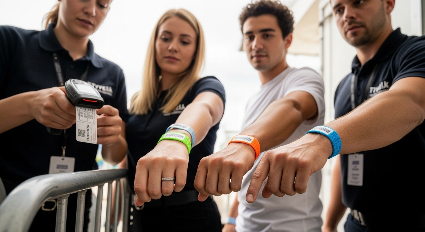 tyvek wristbands on wrists at event entry checkpoint