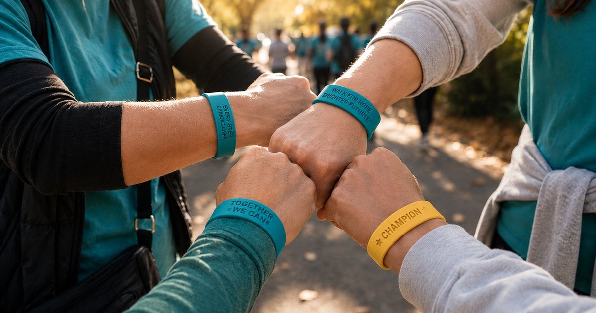 Charity walkers fist-bump showing donor-tier silicone wristbands — teal supporter bands and yellow milestone CHAMPION band
