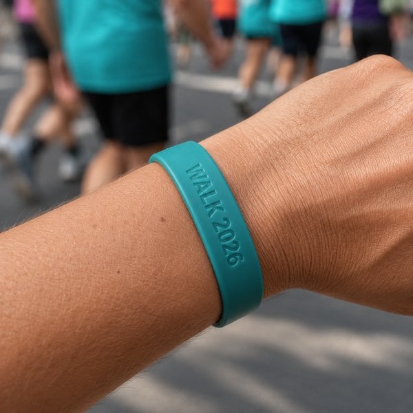 Close-up of debossed teal silicone charity walk wristband showing WALK 2026 text moulded into the band