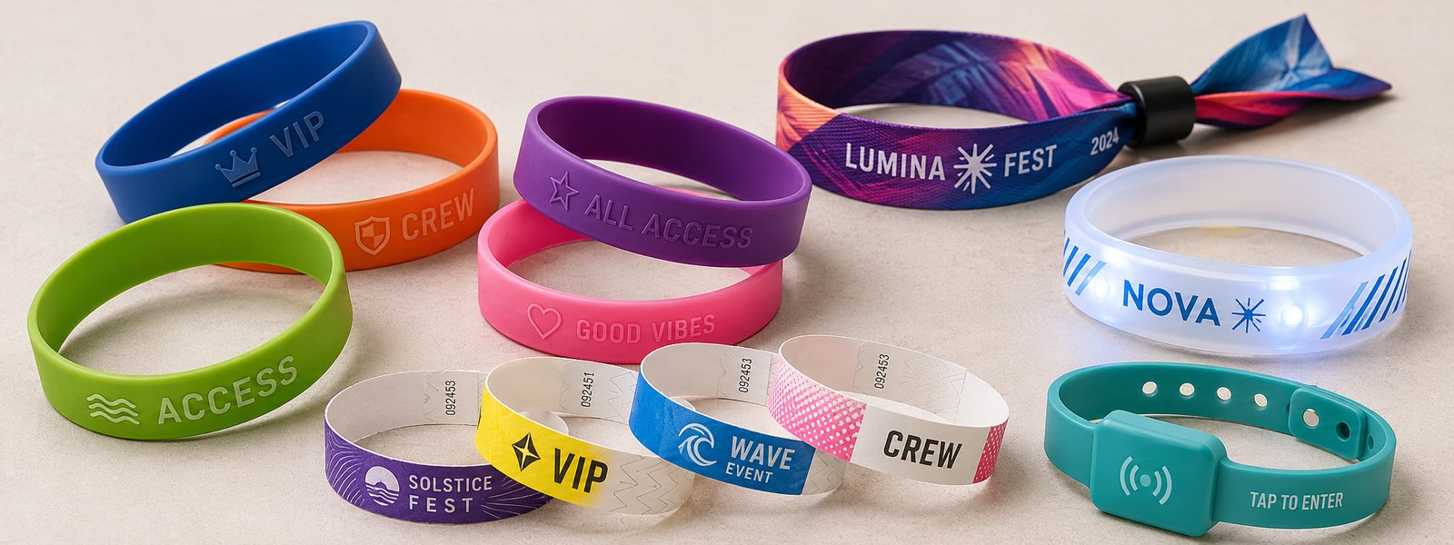 Range of custom event wristbands &mdash; silicone, fabric, Tyvek, LED and RFID &mdash; for choosing a supplier
