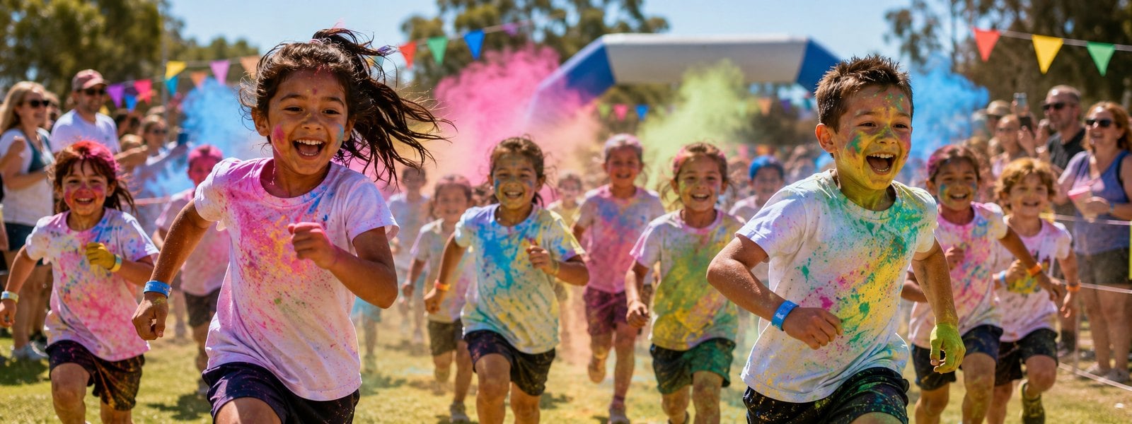 School colour run fundraiser with runners covered in colour powder wearing wave-colour event wristbands