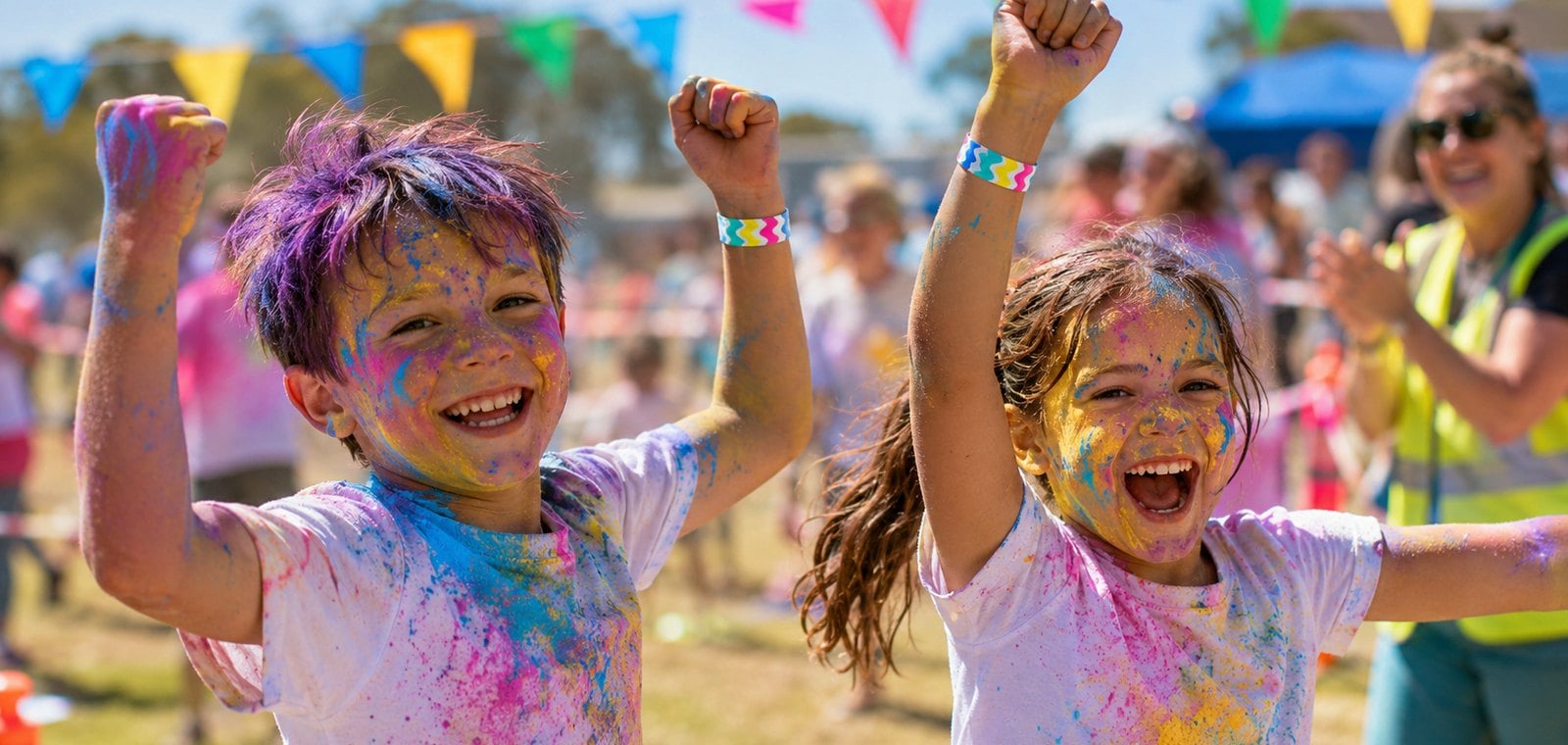 Colour run participants at the finish line wearing custom wave-colour event wristbands