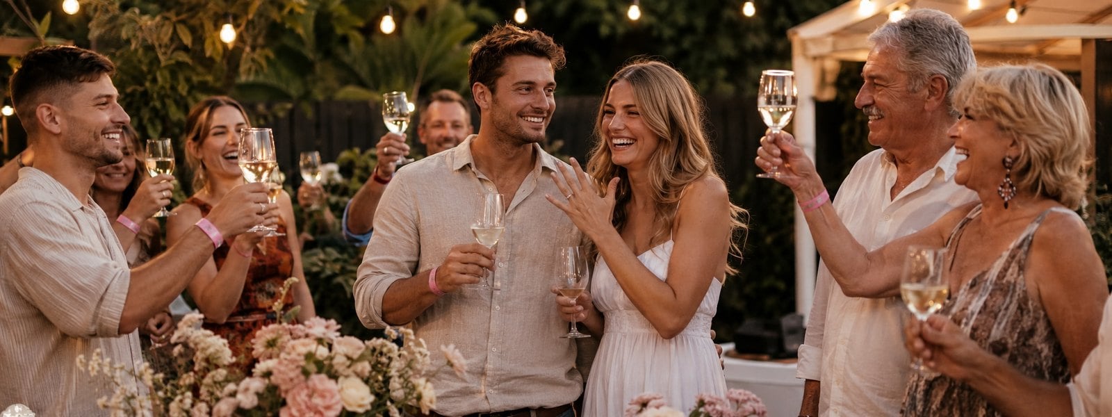 Newly engaged couple celebrating with guests at an engagement party with custom event wristbands