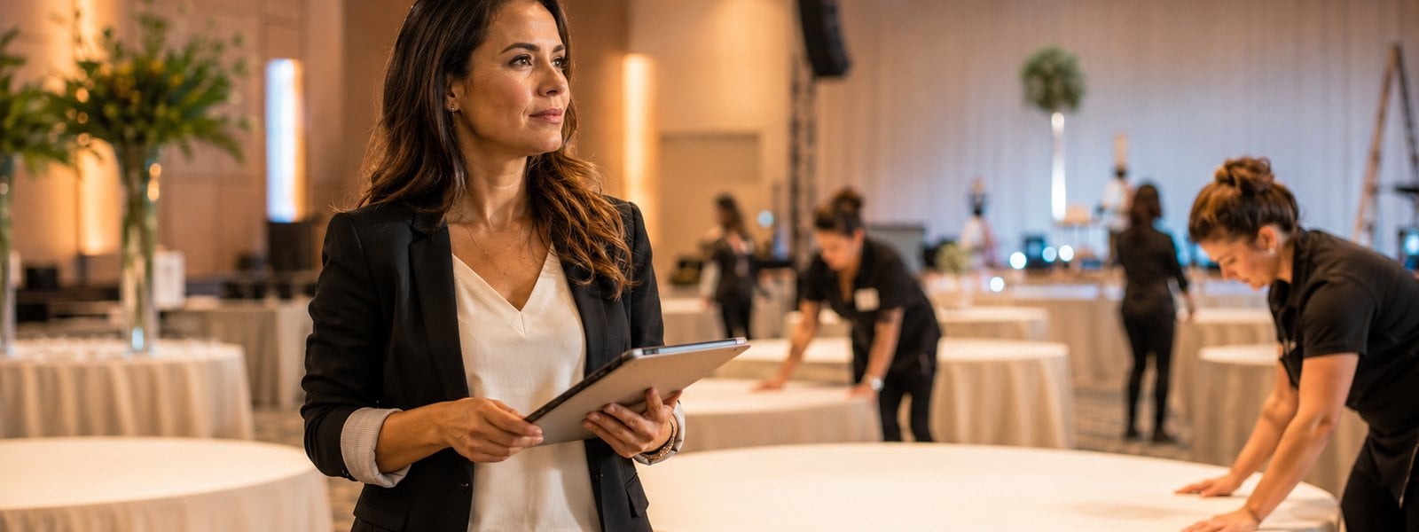 Event planner with a tablet overseeing a venue setup, with staff dressing tables ahead of an event