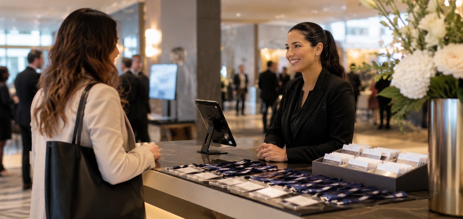Guest checking in at an event registration desk with name badges and lanyards laid out on the counter