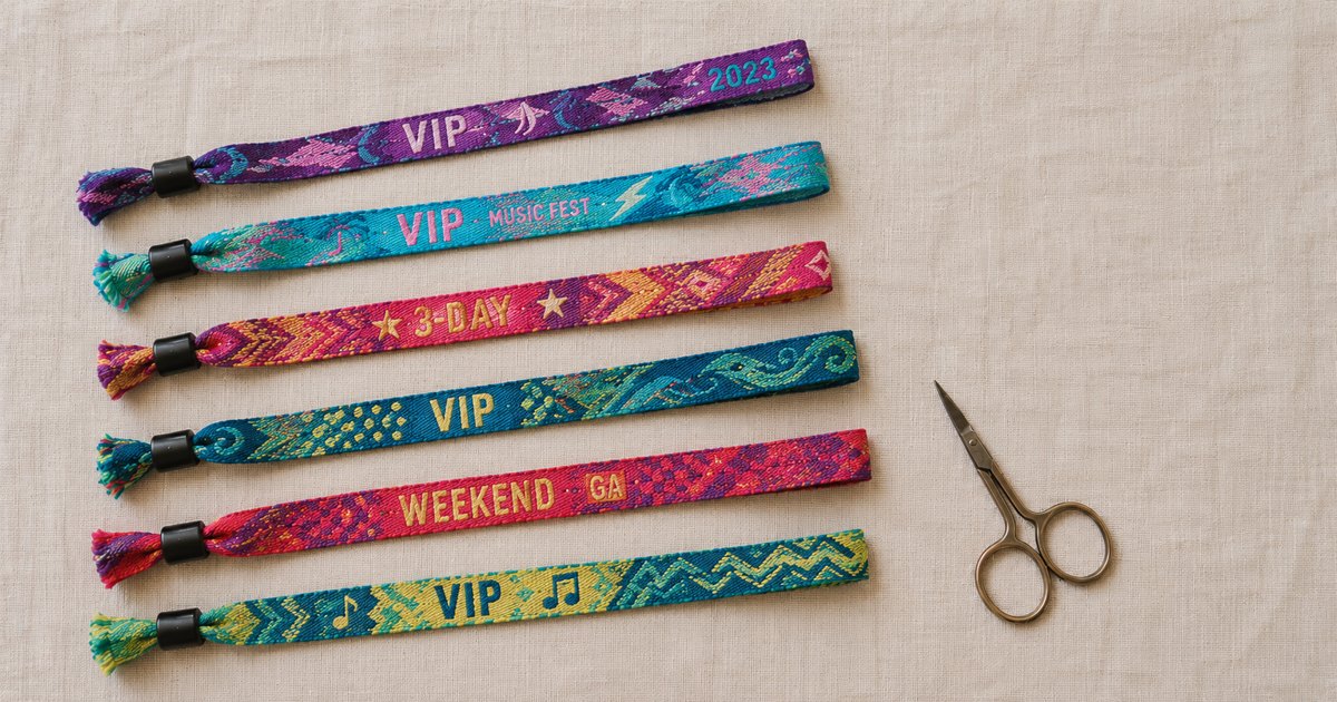 Woven fabric festival wristbands with one-way barrel locks, the tamper-evident single-use type used for event entry