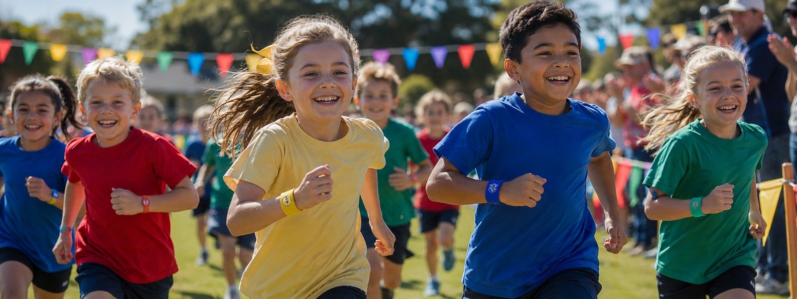 School fundraiser fun run with students wearing colour-coded event wristbands