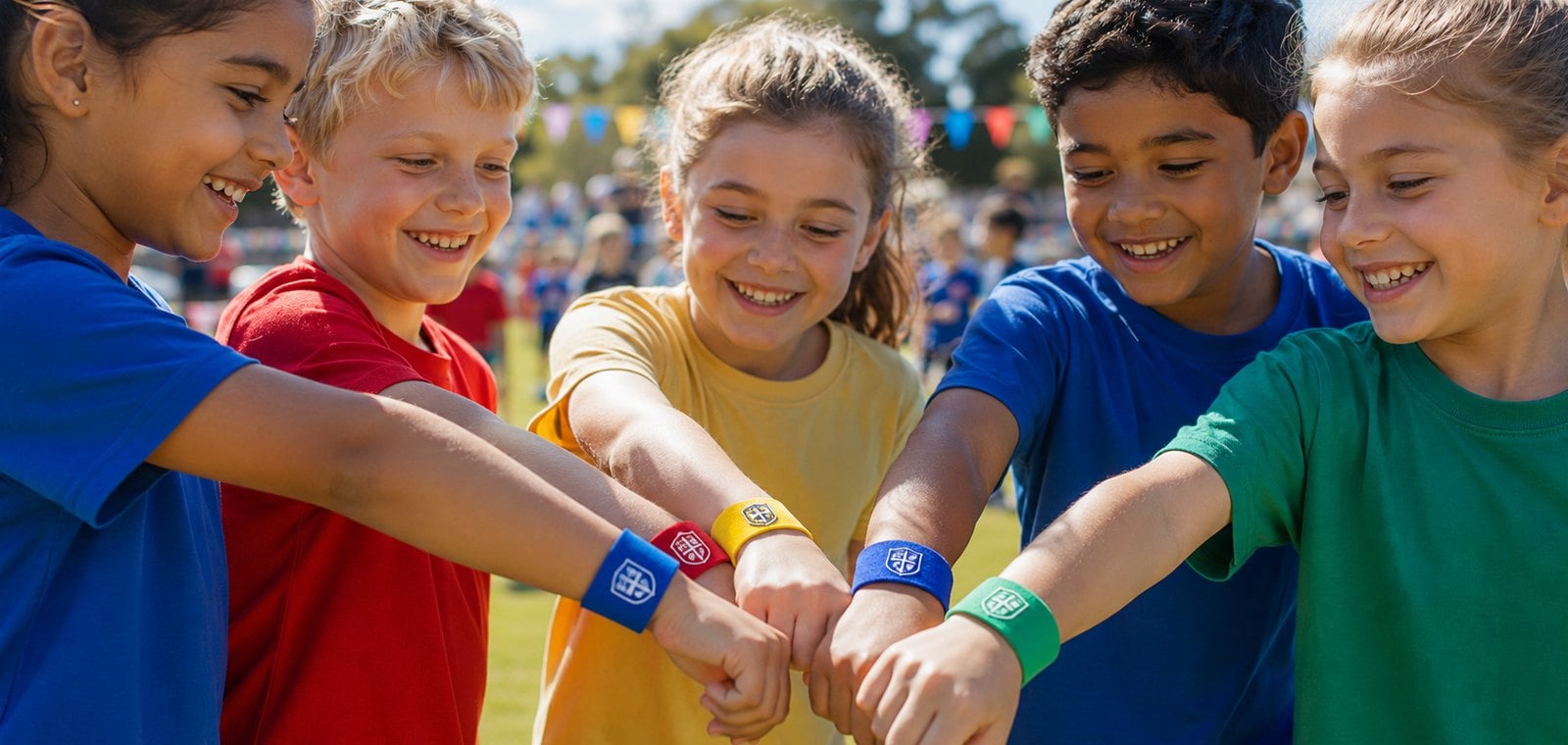 Students at a school fundraiser wearing custom colour-coded house wristbands