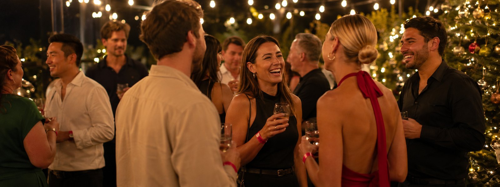 Work Christmas party guests celebrating at an end-of-year function wearing event wristbands