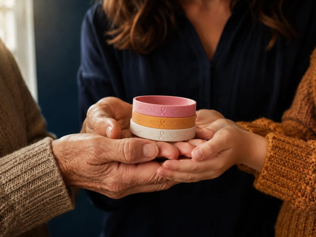 Three hands of different ages clasping a stack of pink, cream and peach donor-tier silicone wristbands