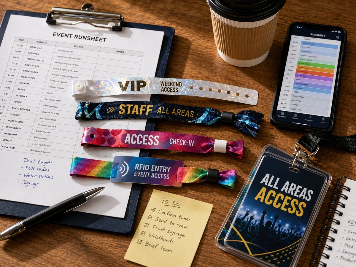 Event planner's desk with runsheet clipboard, sample wristbands and event-planning notes