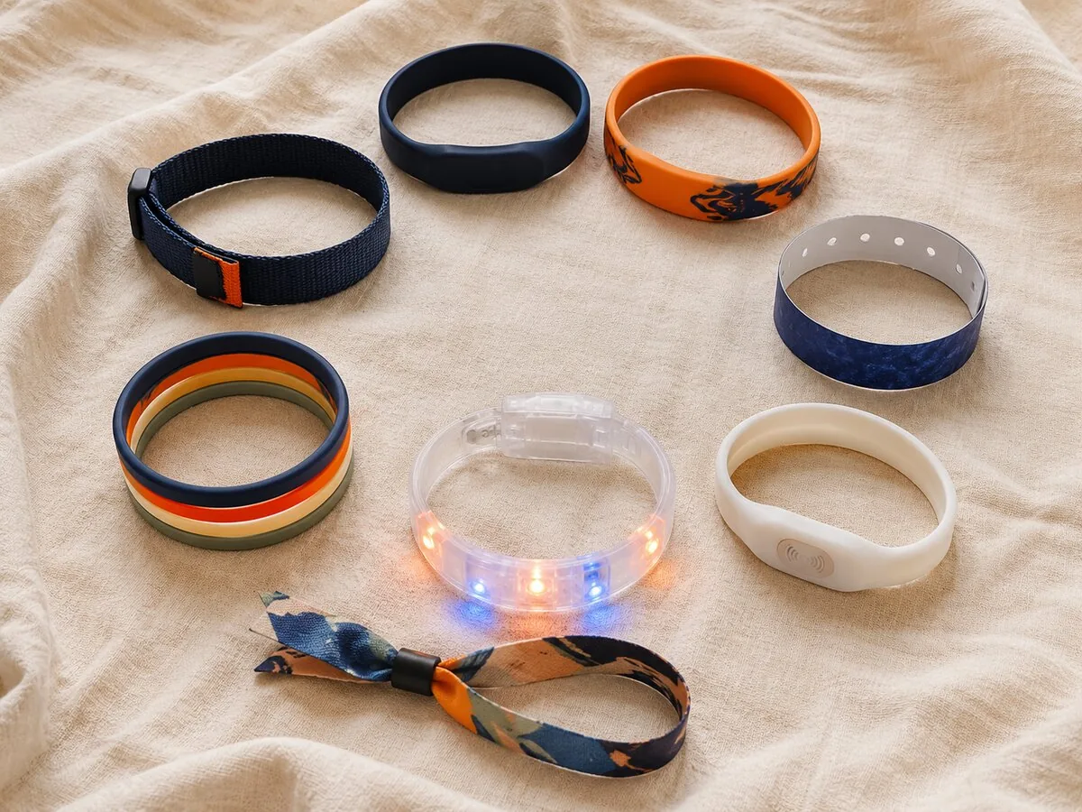 Flat-lay of seven different Handband wristband formats on cream linen — silicone, fabric, Tyvek, LED, RFID and more