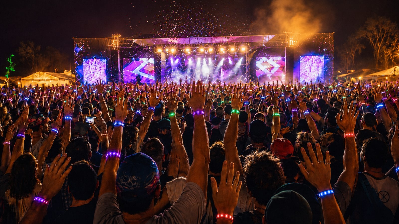 Crowd wearing synchronised LED festival wristbands lighting up at a main-stage set