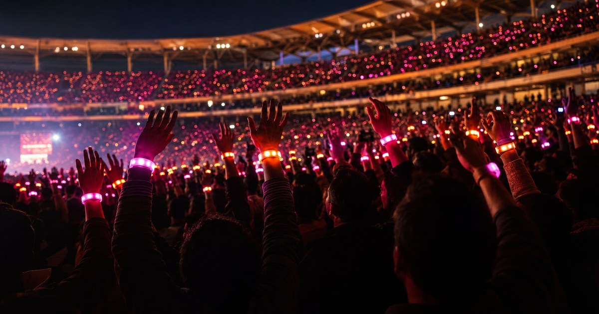 LumoSynch LED wristbands lit across a crowd showing coordinated brand-colour reveal