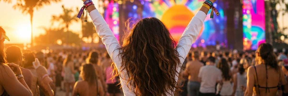 Attendee tapping a custom RFID event wristband on a reader for cashless payment at a festival bar