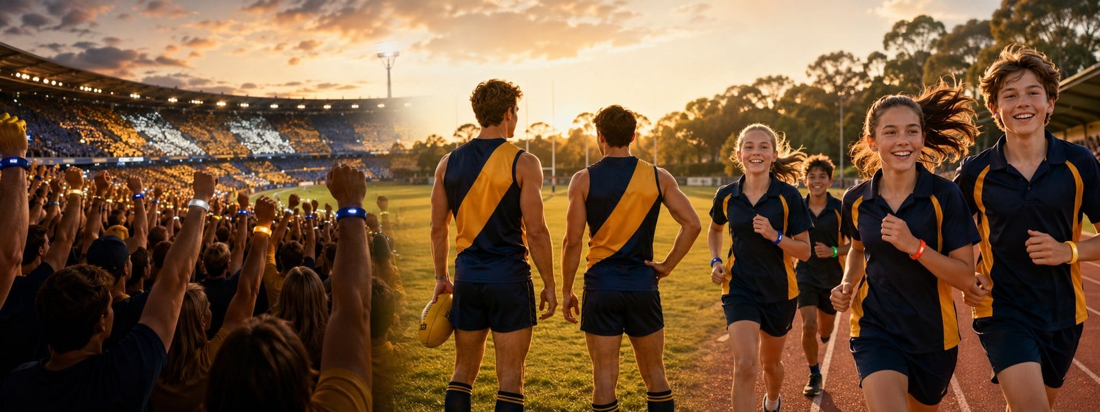 Sports wristbands in team colours across a stadium and grassroots match-day crowd