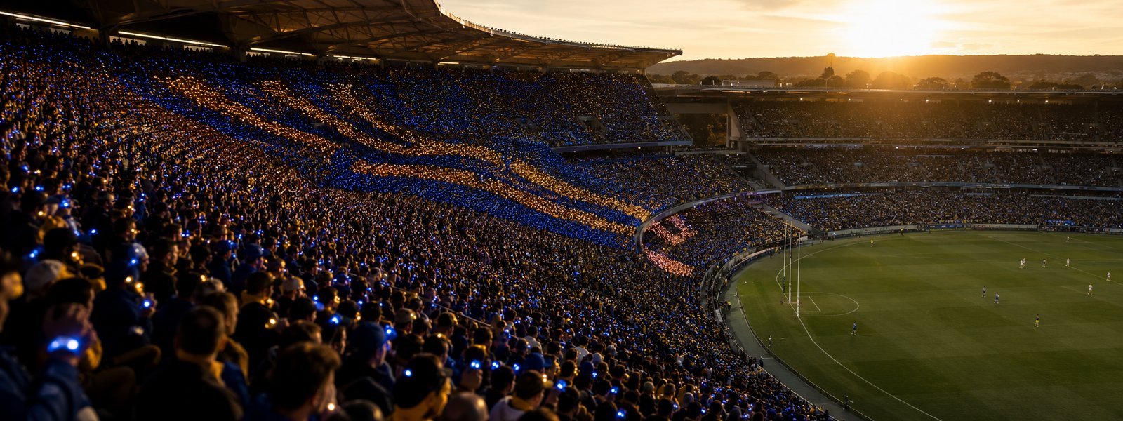 50,000 LumoSynch LED wristbands lit in unison across a stadium crowd, broadcast moment in 2026