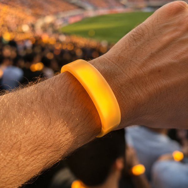 Close-up of a single LumoSynch LED wristband lit in team-palette colour