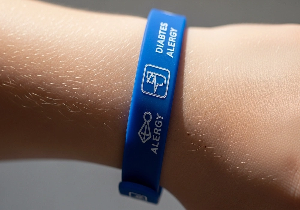Child wearing a silicone medical ID bracelet — essential safety equipment for children with food allergies