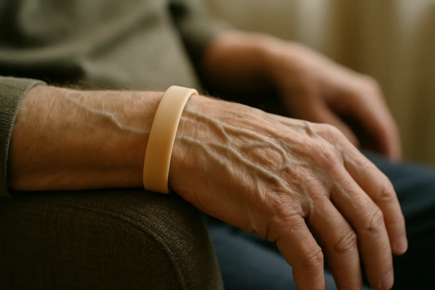 An older person's wrist resting on a chair arm wearing a plain coloured silicone wristband