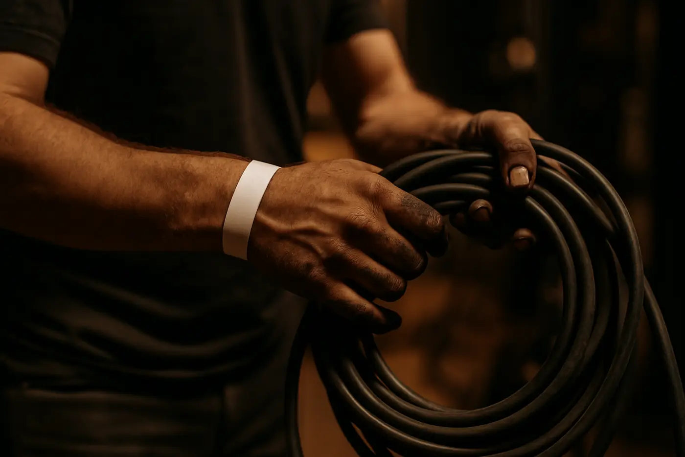 A crew member wearing a plain access wristband while coiling a cable backstage