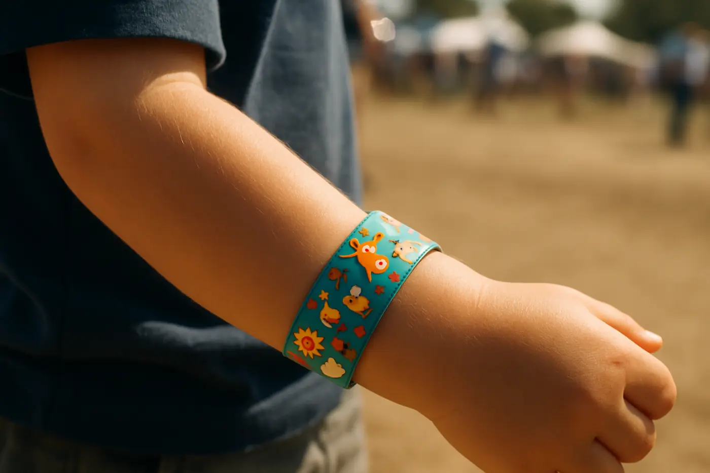 A child wearing a bright printed slap wristband at an outdoor country show