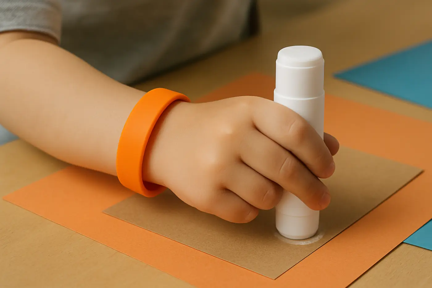 A child wearing a plain bright silicone wristband while holding a glue stick over craft paper