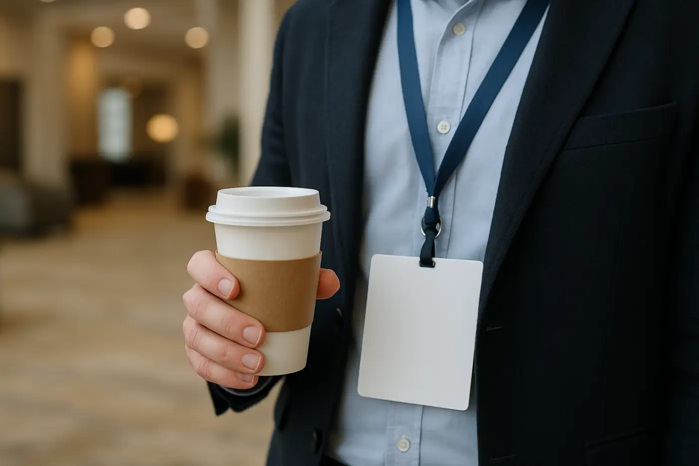 A conference delegate wearing a lanyard and blank badge while holding a coffee cup