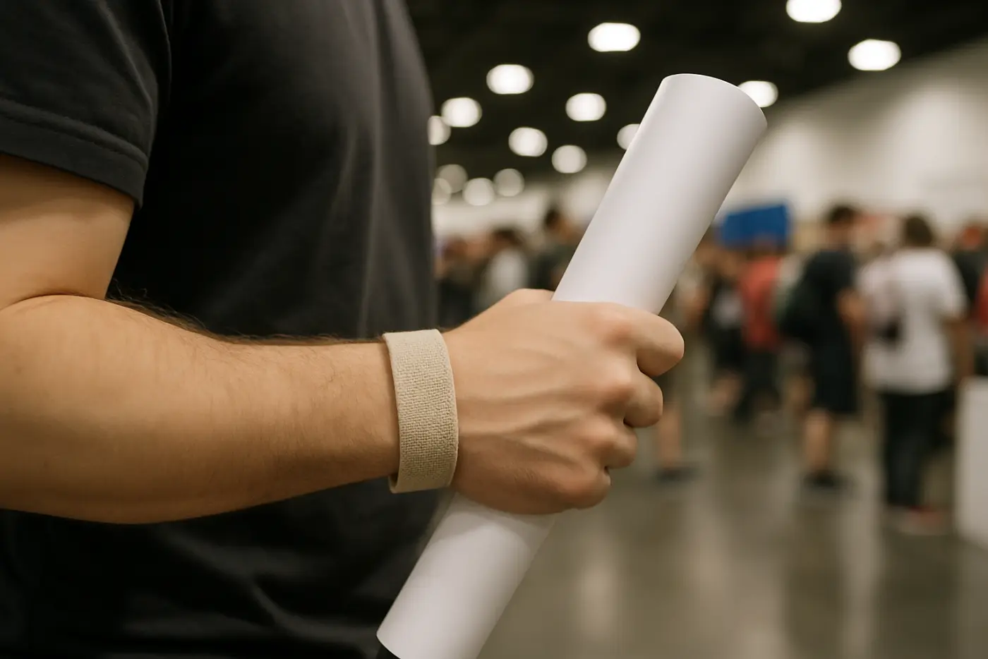 A woven fabric wristband on a wrist holding a rolled poster at a convention