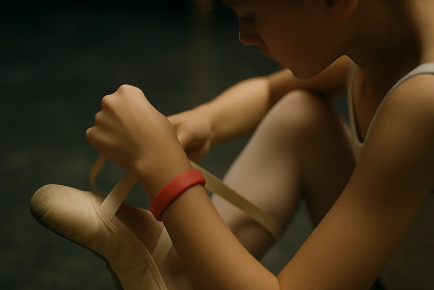 A young dancer wearing a plain coloured silicone wristband while tying a ribbon on a shoe