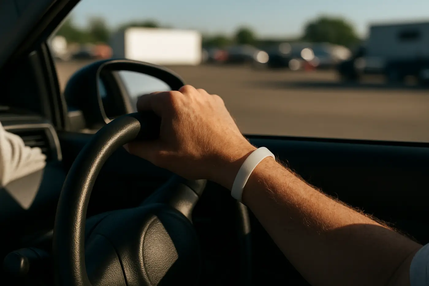 A plain silicone wristband on a wrist gripping a steering wheel rim in a paddock